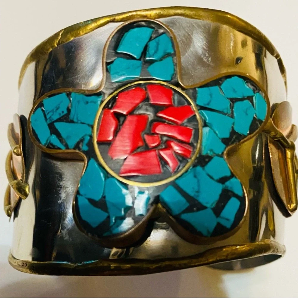 Turquoise and Red Floral Cuff Bracelet